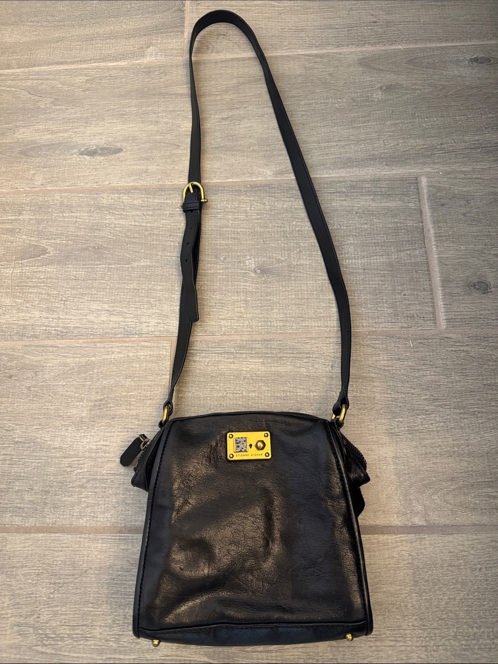 VINTAGE Etienne Aigner Black Leather and Suede Crossbody with Gold Plate Accent